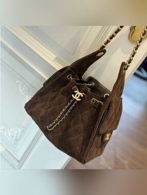 CHANEL Brown Suede Drawstring Shoulder Bag with Gold Hardware